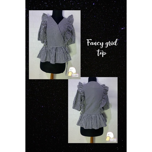 blouse korea checkered grid top ruffle atasan top