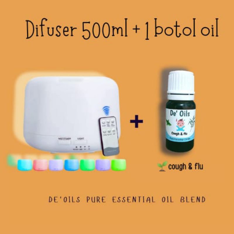 De'Oils Paket Difuser 500ml + De'Oils Essential Oil Murni Berkualitas Imune Booster Aromateraphy