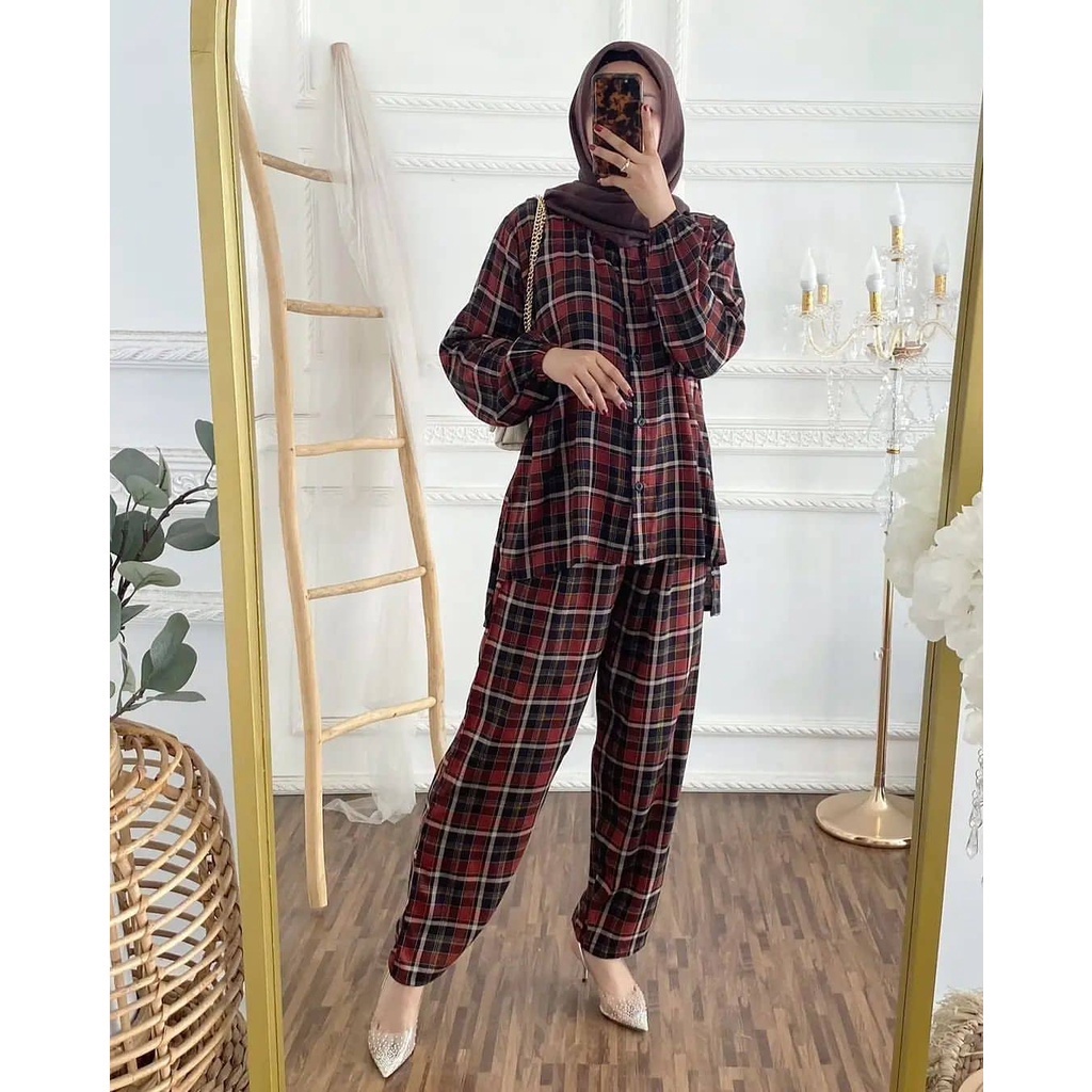 MANDA ONE SET WANITA / SETELAN RAYON DAILY ONE SET BAJU SETELAN PAJIMAS WANITA KEKINIAN-GINORA MAROON SET