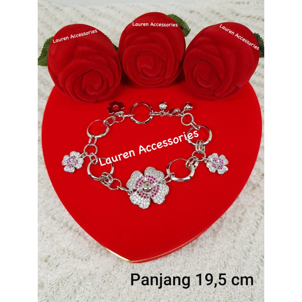 Gelang Tangan Dewasa Rantai Rante Bunga Permata Pink Perhiasan Imitasi Lapis Emas Putih GT 5239