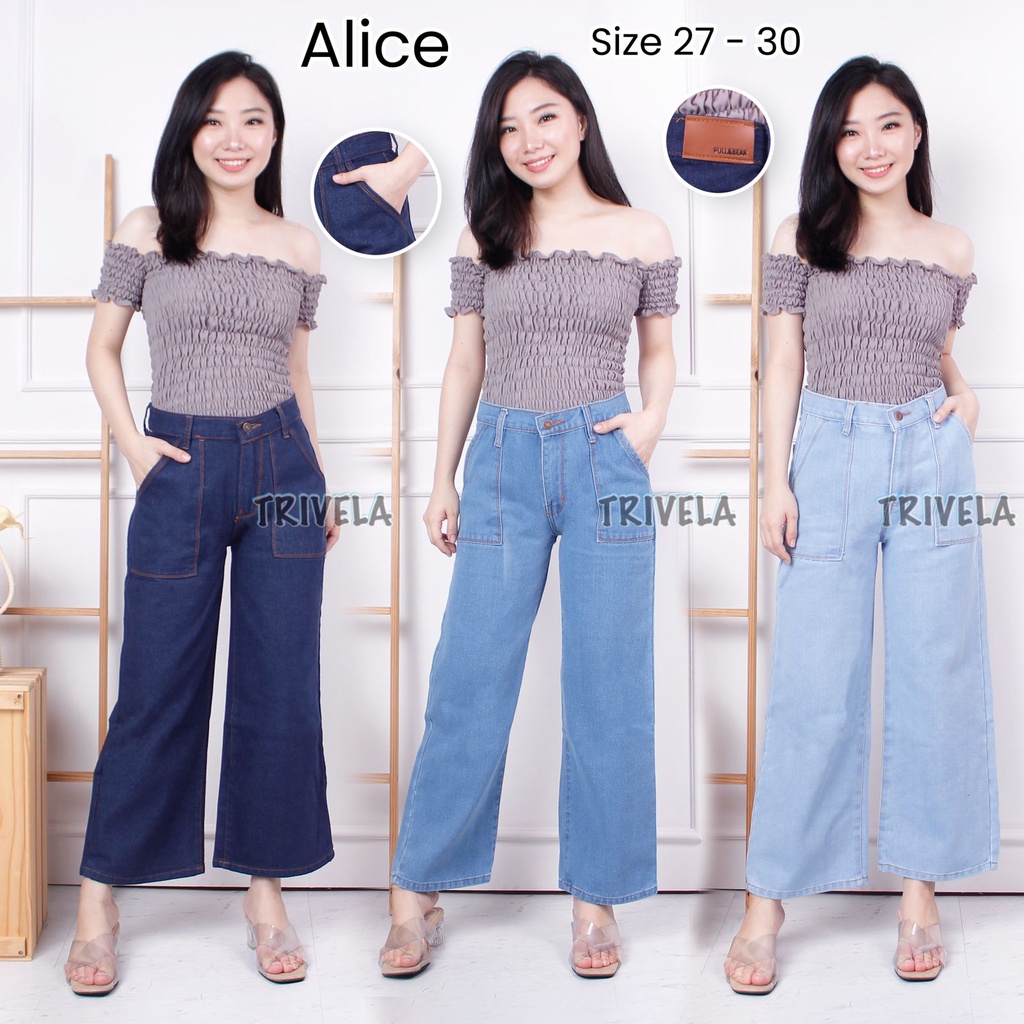 TRIVELA (FREE BELT) - Kulot Jeans Kantong Tempel / Kulot Jeans Alice Warna Medium