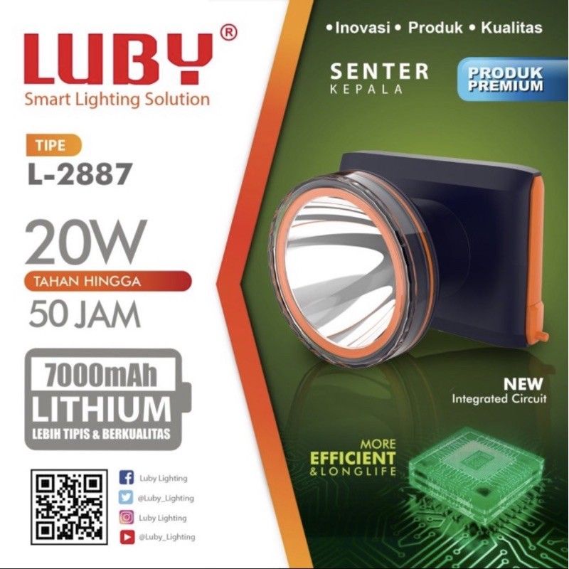 Senter Kepala Luby Original L-2887 20Watt 7000mah Tahan 50 Jam Gratis Ongkir COD