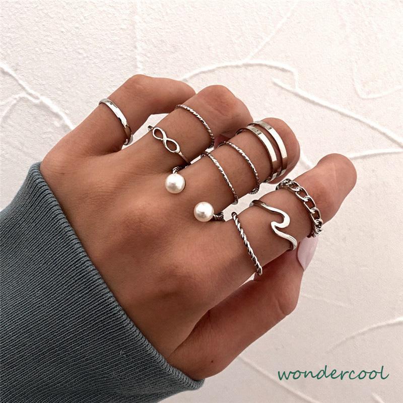 10 Buah Set Wanita Kreatif Sederhana Manik-manik Ganda Cincin Gabungan Geometri Gelombang Mutiara-Won