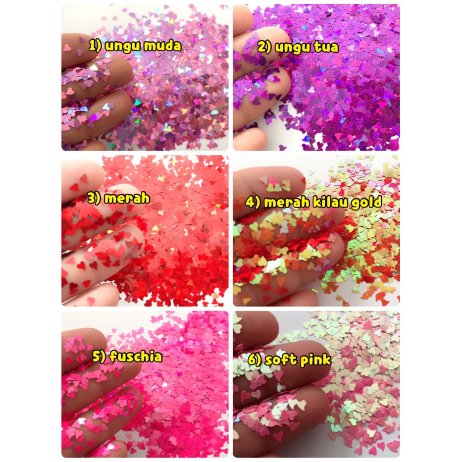 Glitter love glitter heart sprinkle slime nail art hiasan kuku