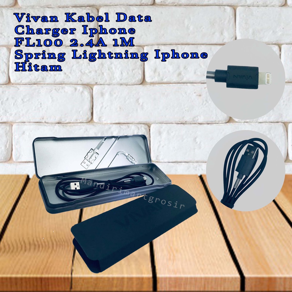 Charger Iphone FL100 2.4A 1M *Vivan Kabel Data * Spring Lightning iPhone * Hitam