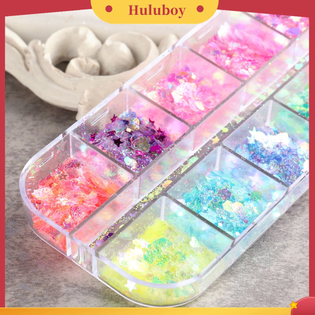 Huluboy Huluboy♡ Ornamen Stiker Kuku 12 Grids / Box Bentuk Bulan Bintang Bahan Plastik