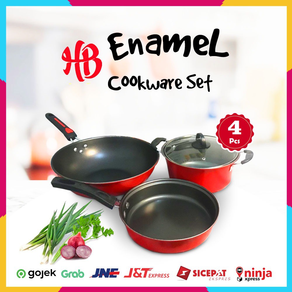 Panci Set Enamel HB Merah 4Pcs Lengkap