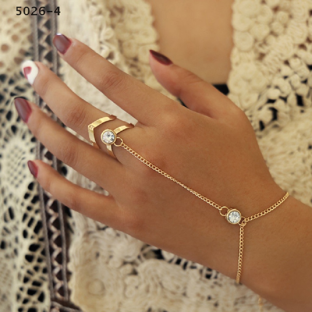 5026-4 Gold Big Crystal Ring Bracelet for Women Wrist Chain Jewelry Hand Back Chain 5026-4