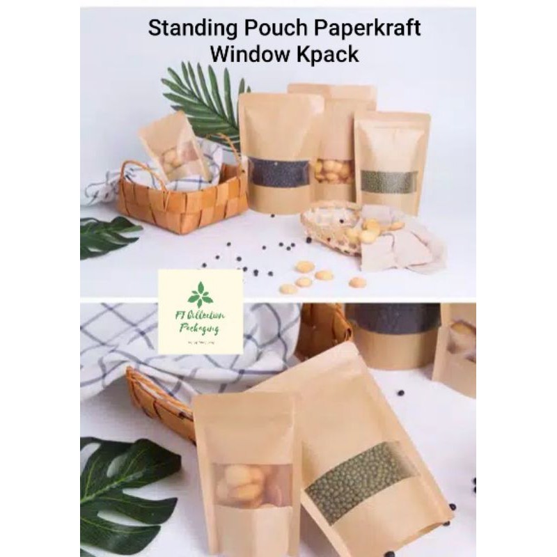 100pcs Standing Pouch 500 gram Paperkraft Window Plastik Klip Kemasan Kopi Snack Zipper