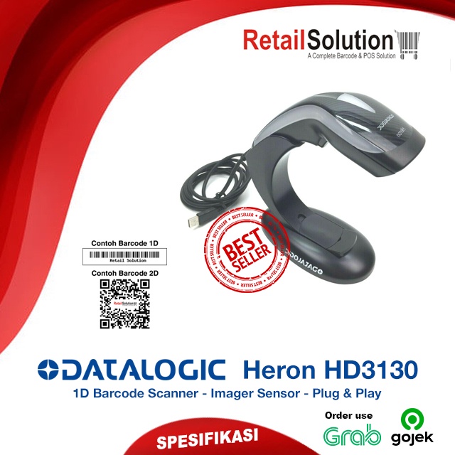 Barcode Scanner USB 1D Datalogic Heron HD3130 / HD-3130 / HD 3130