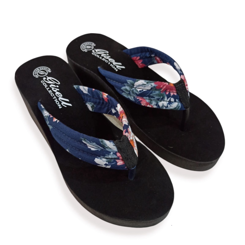 SANDAL WEDGES SPON JEPIT BALOK BUNGA | SENDAL WEDGES BUNGA-NAVY