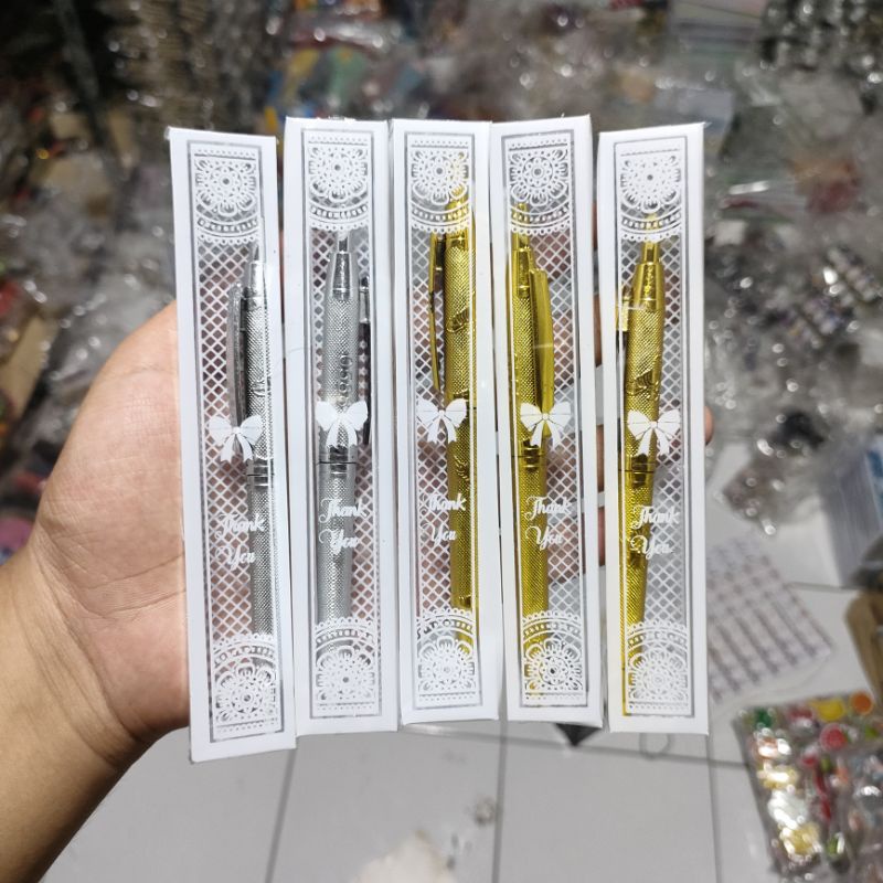 ASLI 1 PACK 50 PCS Souvenir Pernikahan Pulpen Emas PERAK Kemasan Mika souvenir hadiah ulang tahun **