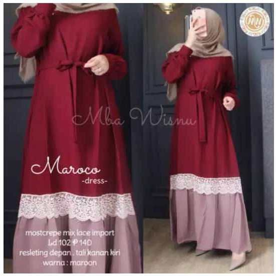 Maroco Dress/ Baju Gamis Wanita Brukat Sleting Depan Tali Pinggang Kanan Kiri Terbaru Bahan Moscrepe