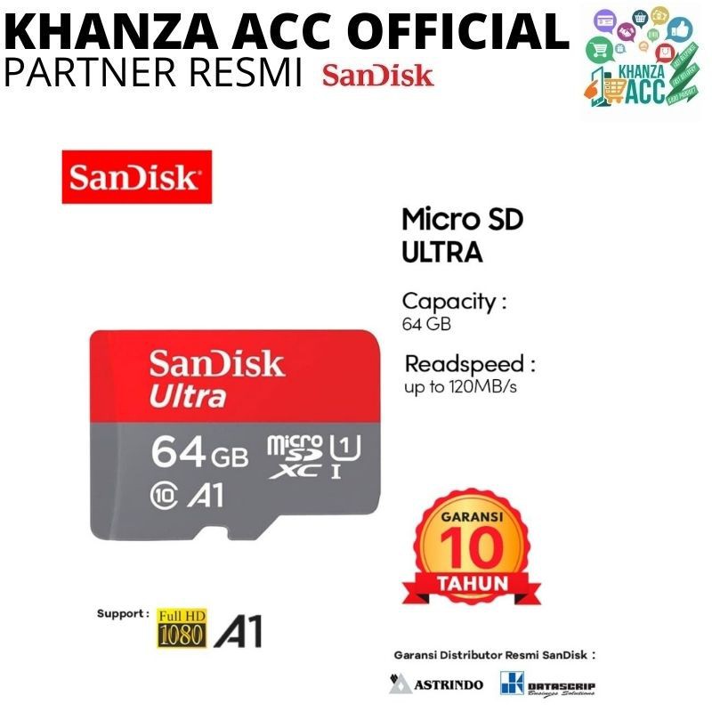 KHANZAACC Memory Card SanDisk Ultra Micro SD Card 64GB UHS-I A1 up to 120Mbps Memori HP