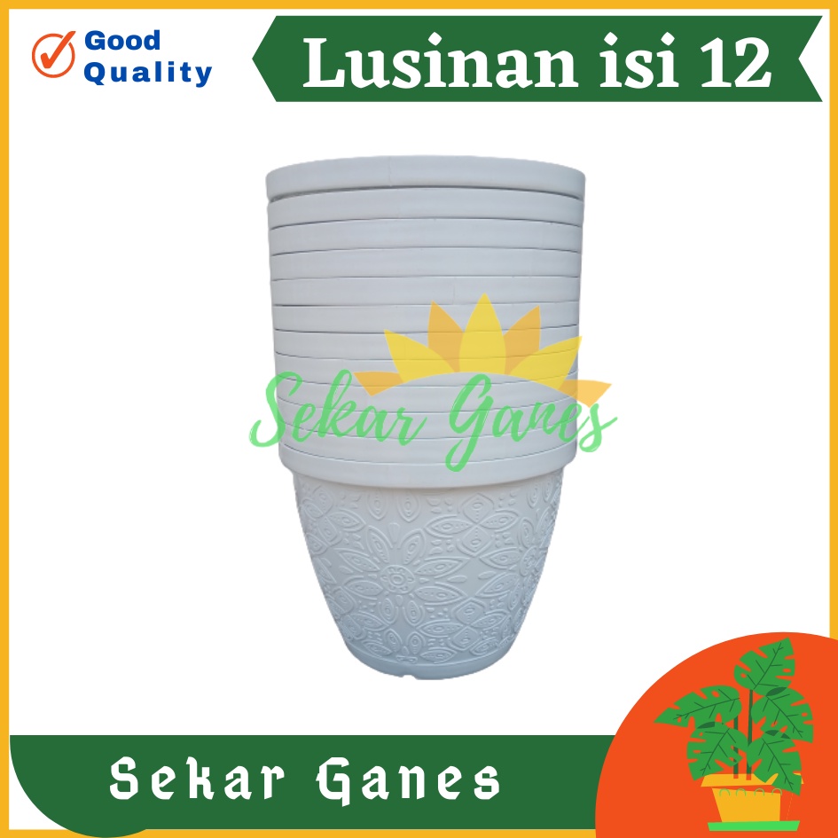 Sekarganes LUSINAN 12PCS Pot Shallom Batik 25 Putih Pot Bunga Motif Batik Timbul Pot Bunga Besar Murah Tebal Bagus Bukan Pot Shallom Glory Glori 30 35 40