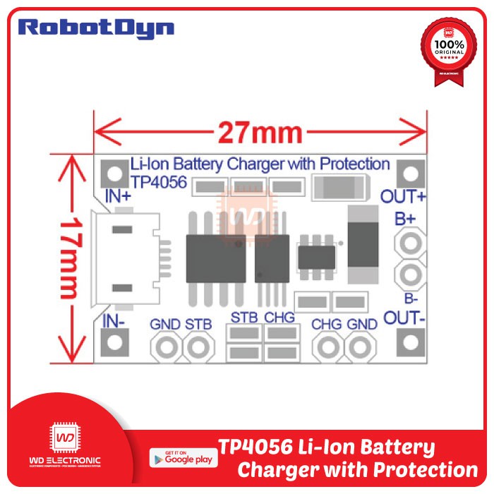 RobotDyn TP4056 Li-Ion Battery Charger with Protection TP4056 Micro USB