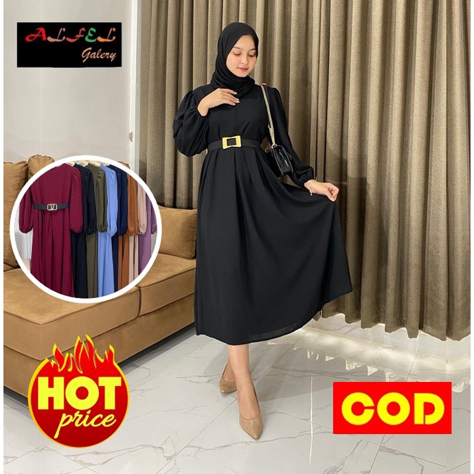 Dress Dres Gamis Tunik Baju Atasan Kondangan Wanita Hitam Muslim Hijab Midi Kekinian Polos Remaja Le