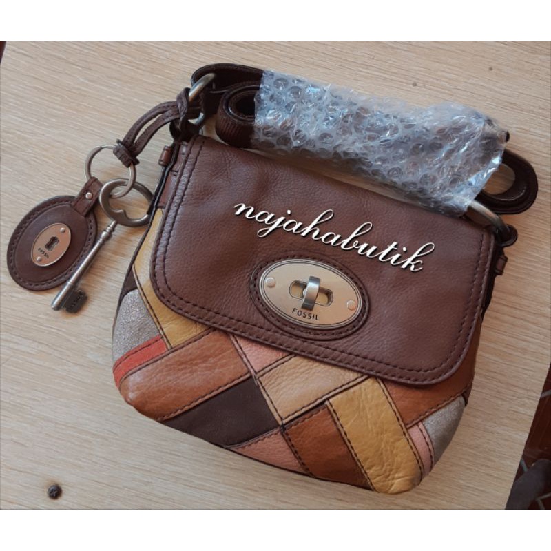 tas fossil maddox patchwork pw light turnlock original authentic preloved second rare cantik