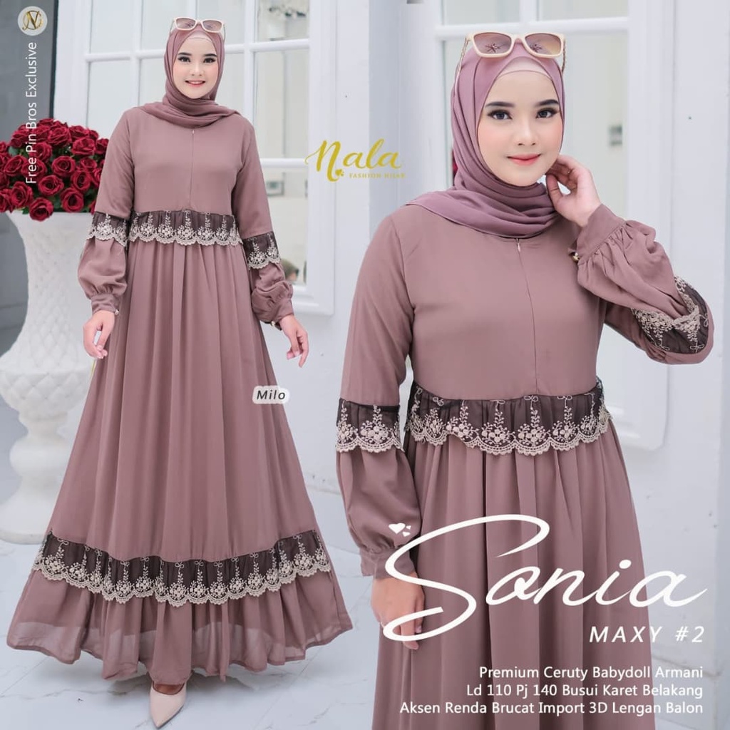 Sonia Maxy Gamis Malaysia Terbaru Dress Ceruty Aplikasi Renda Bunga Pakaian Busui Fashion Muslim Gamis Pesta Mewah