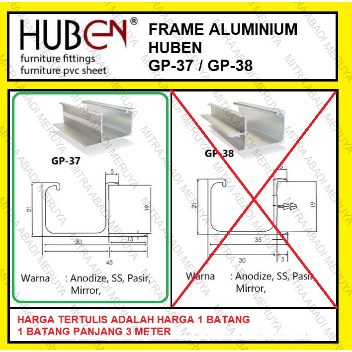 Profil Frame Handle Alumunium Aluminium HUBEN GP 37 GP37 GP-37