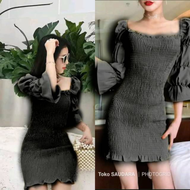 Dress sabrina full kerut tangan 3/4