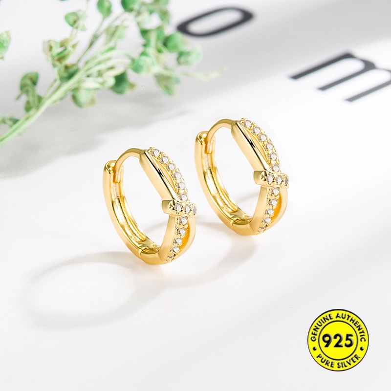 Anting Tusuk Gantung Sterling Silver Desain Simpul Silang Hias Berlian Imitasi Gaya Simple Untuk Wanita