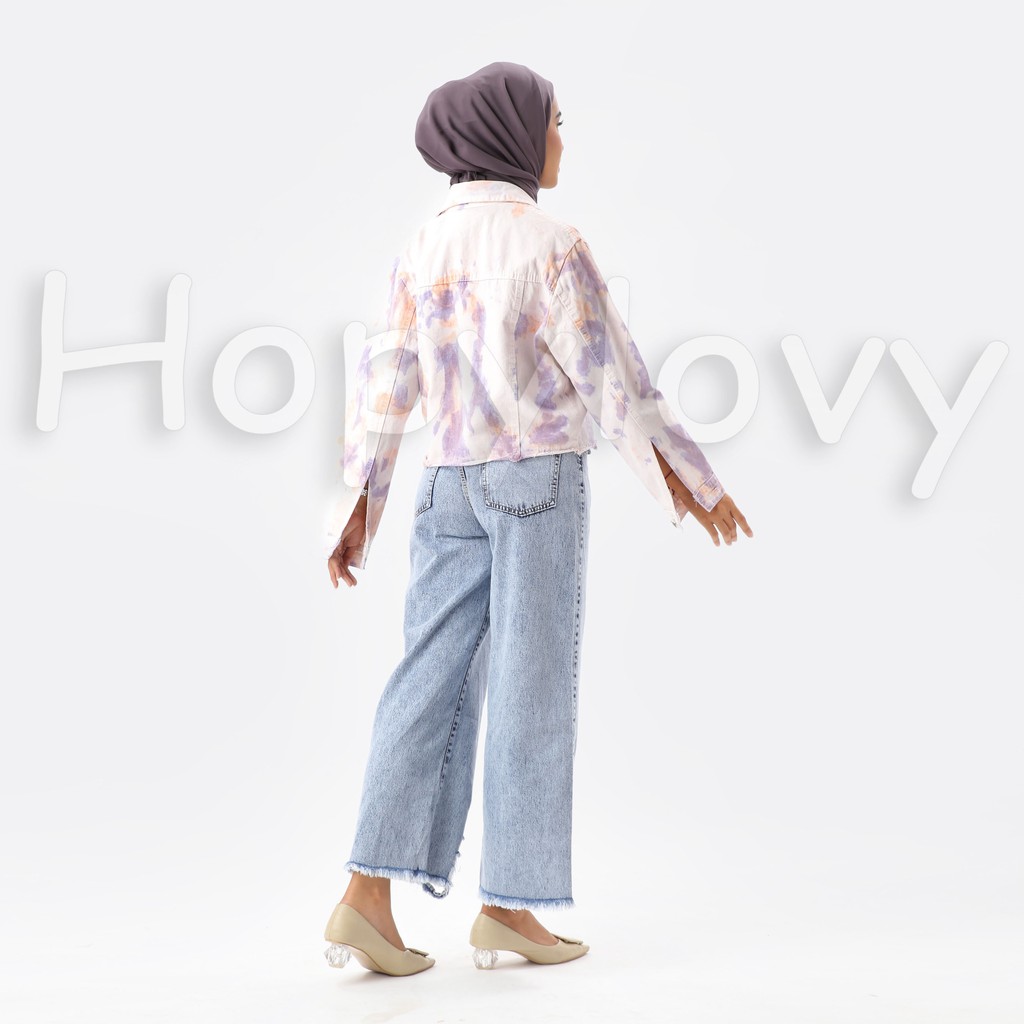 HOPYLOVY - Jaket Jeans Wanita Motif Tie Dye Sunrise