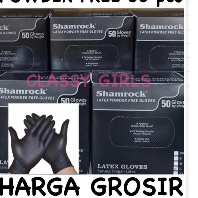 SARUNG TANGAN GLOVES LATEX HITAM SHAMROCK POWDER FREE 50 pcs ✔