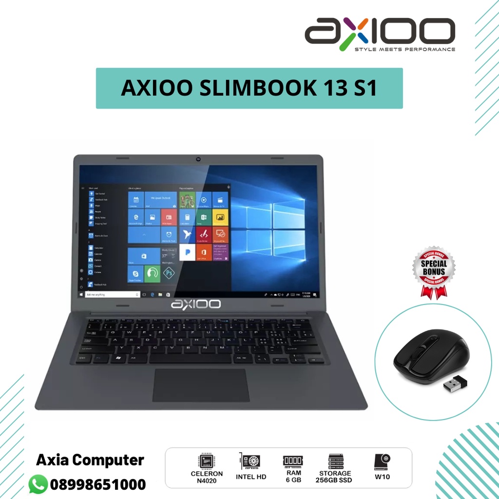 Axioo Slimbook 13 S1 N4020 6GB 256GB SSD Intel Win 10 pro 13.3" 2K