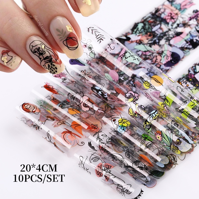 10pcs / Set Stiker Kuku Transfer Foil Motif Bintang / Hati / Kotak-Kotak Untuk Dekorasi Nail Art / Manicure Diy