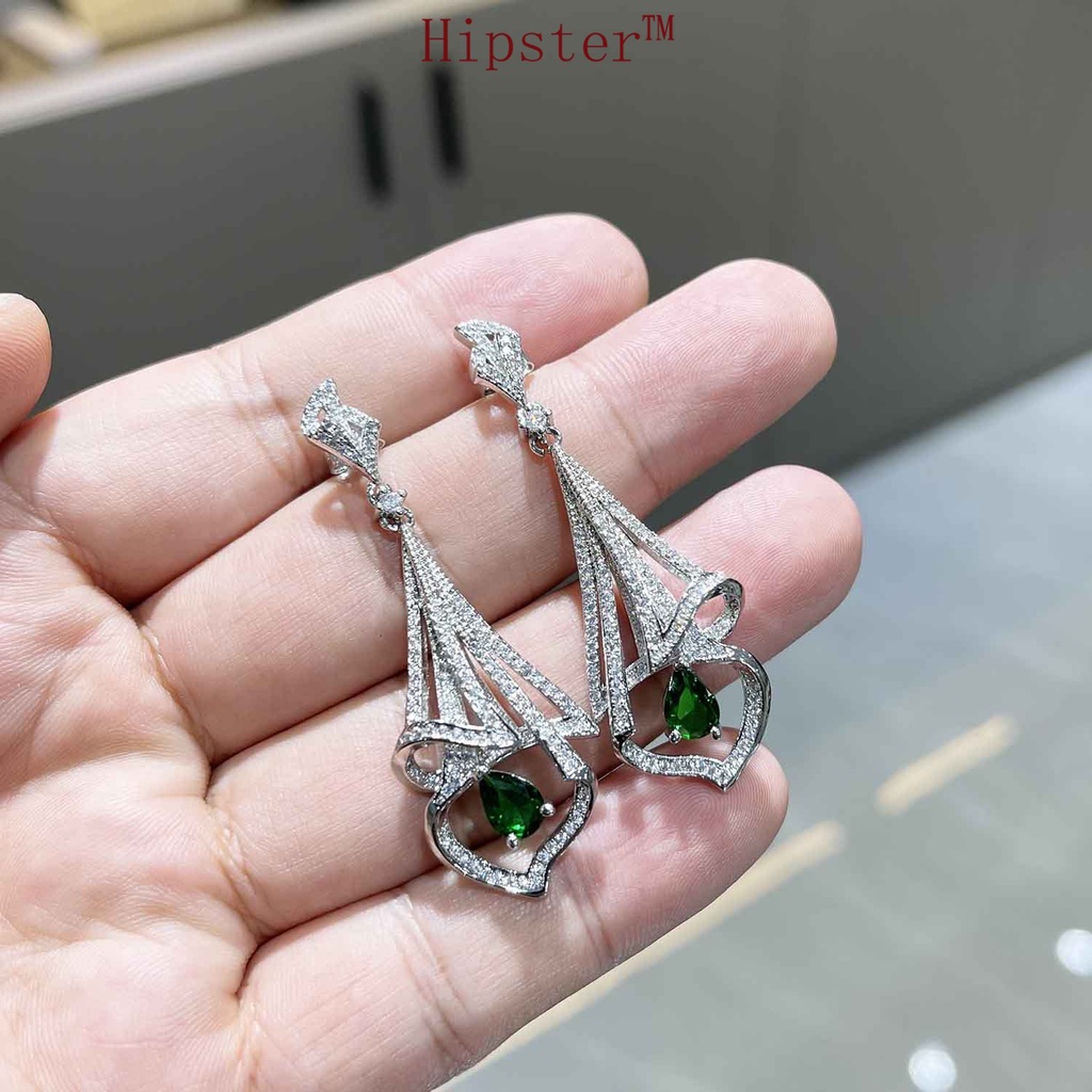 New Luxury Full Diamond Natural Emerald Colored Gems Stud Earrings