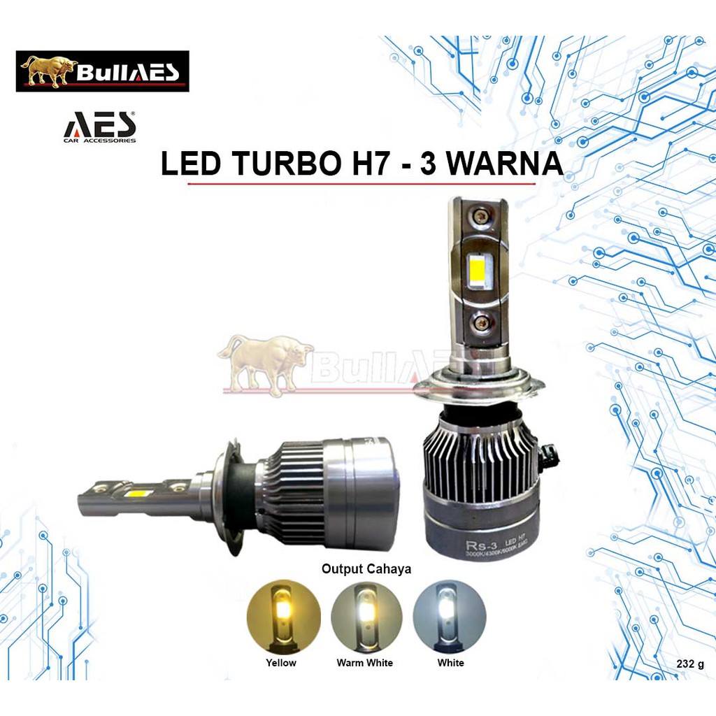 Lampu Led Turbo H7 3 WARNA MERK AES PREMIUM LED Headlamp Mobil Motor