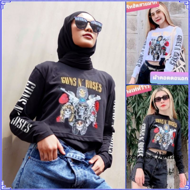 Erfashion - GNR Crop Top | Crop Musik | Crop Rocker | Baju Atasan Crop Tee Wanita | Crop Guns N Rose