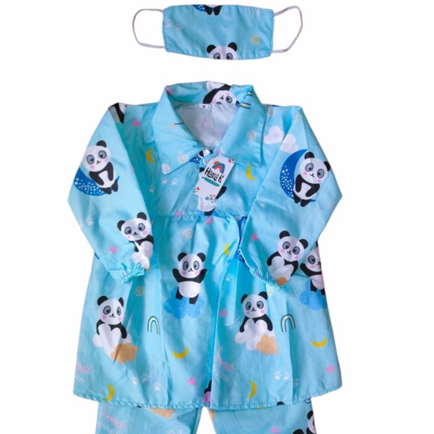 one set - setelan anak plus masker 2-5 tahun/setcel anak/baju anak perempuan-Panda biru
