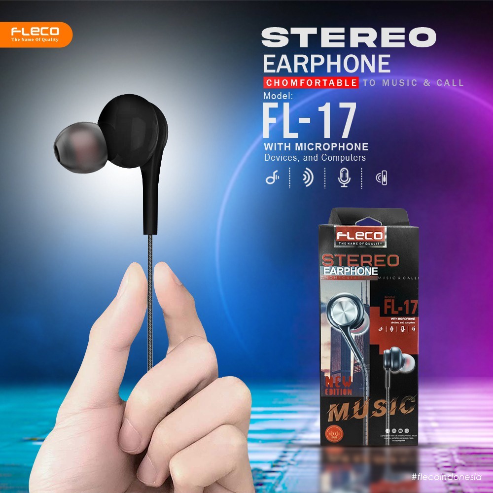 Headset Handsfree FLECO FL-17 Stereo Music Earphone Extra Bass Black Edition