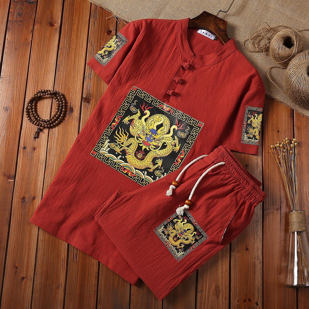 ❁✁Dua potong katun dan linen gaya Cina pria kaos setengah lengan jubah naga musim panas pemuda set