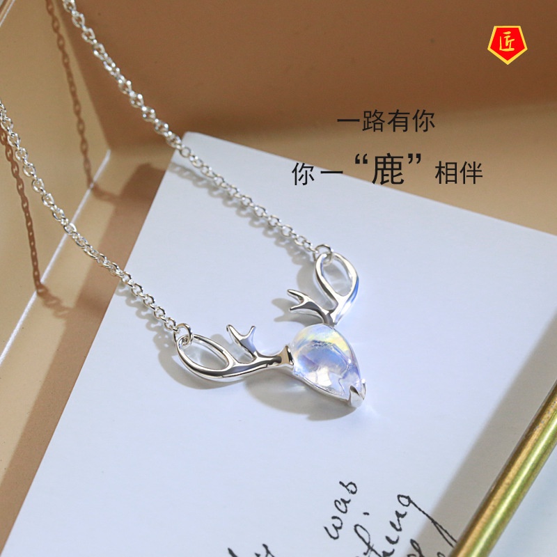 [Ready Stock]Korean Style Simple Moonstone Elk Necklace Women 925 Silver Niche