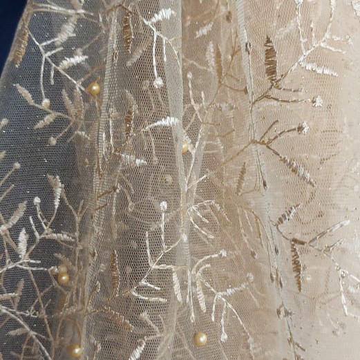 50cm Cream Gold Kain Tile Tulle Mutiara Silver Kain Brukat Kebaya