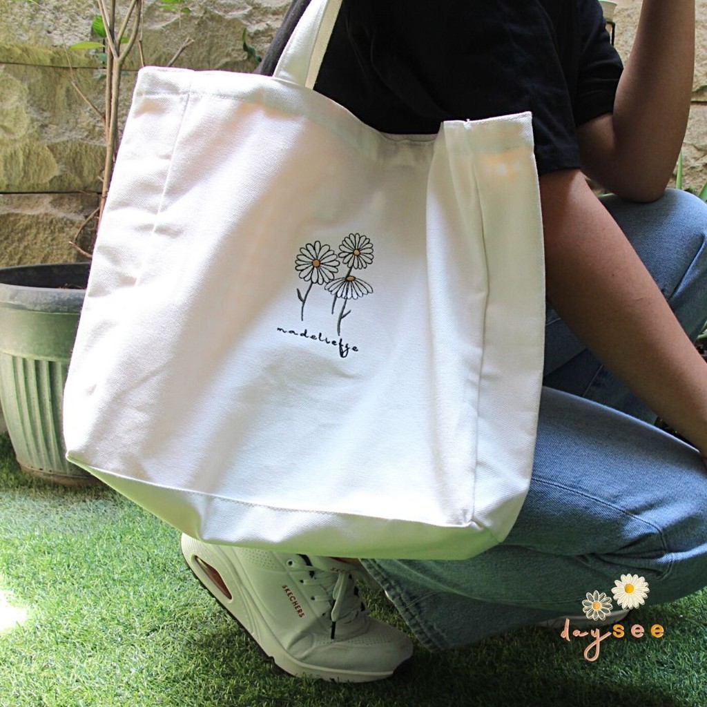 Tote Bag Kanvas Bordir - Madeliefje tote (White)