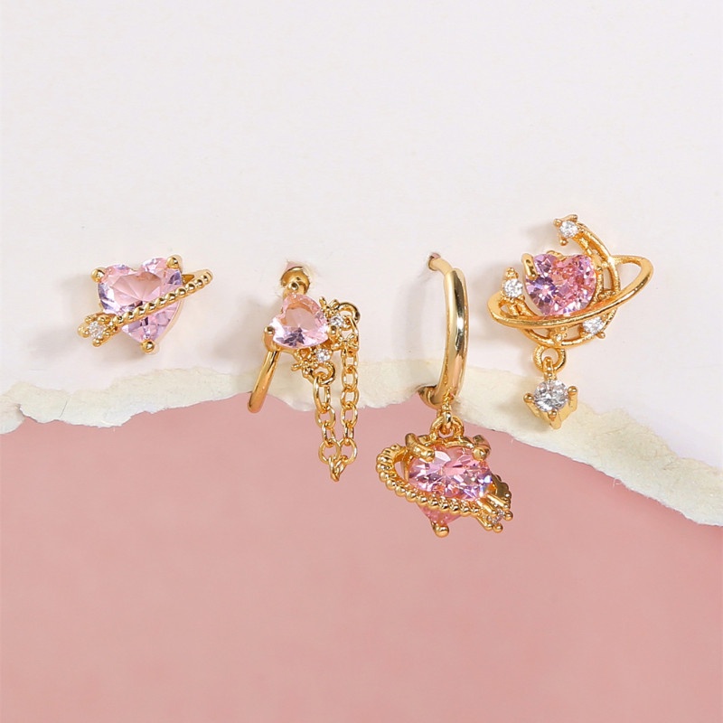 4 Pcs / set Anting Stud Zirconium 18K Gold-plated Bentuk Hati Warna Pink Peach Untuk Wanita