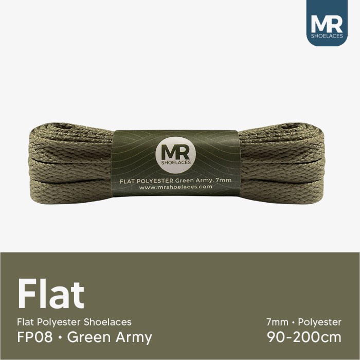 Original MR Shoelaces FP08 Green Army Tali Sepatu Pipih Flat 7mm 90cm-200cm Polyester Premium Shoelaces