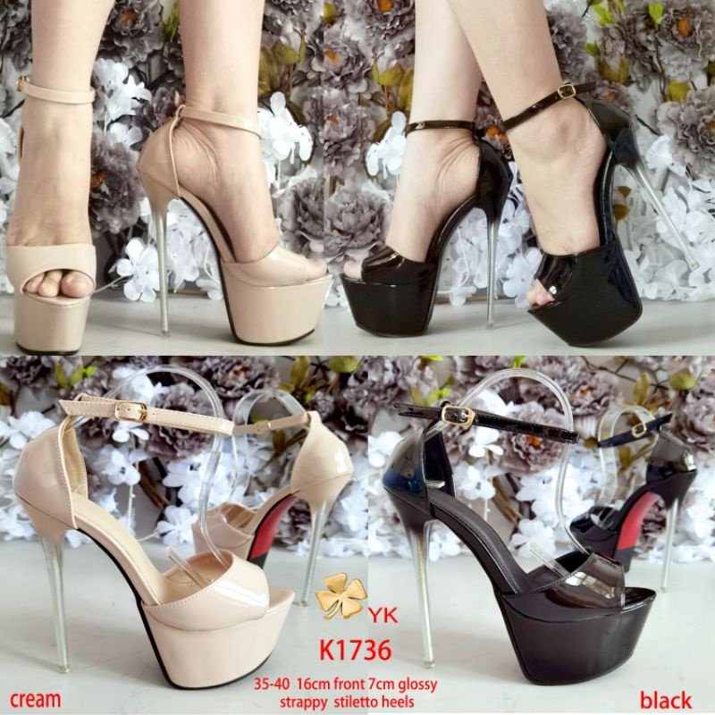 YKshoes 1736 heels 17cm strappy stiletto heels black cream hak tinggi peeptoes sepatu hak tinggi wan