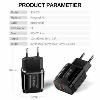 Charger USB 1 Port QC3.0 3A 18W EU Plug / Charger Usb 18 Watt Kepala Charger 3a / Adaptor Kepala Charger Kepala Casan Hp Colokan Usb Fast Charging / Colokan Charger Usb Colokan Charger Hp  Colokan USB 1 Port untuk Smartphone Berkualitas Murah Original