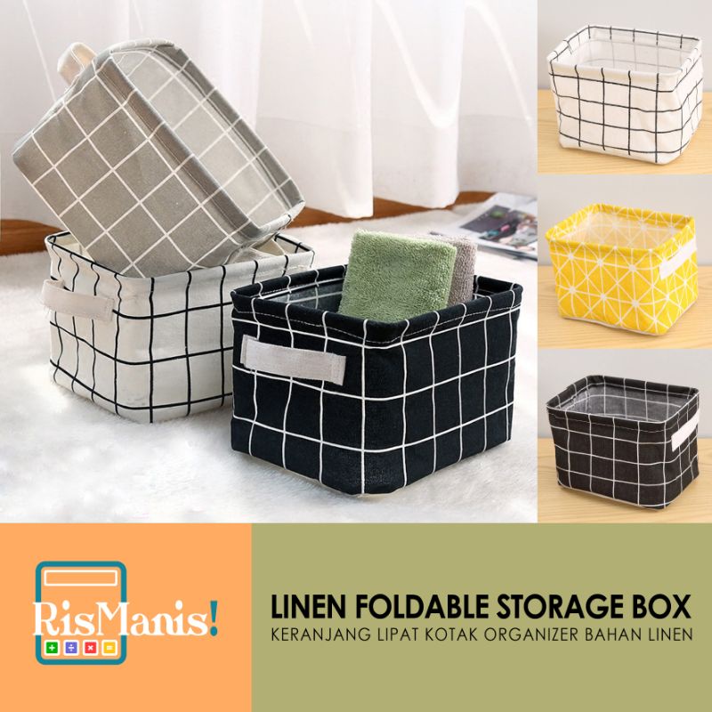 LINEN FOLDABLE STORAGE BOX - Kotak Organizer Keranjang Lipat Box Tempat Penyimpanan Motif Kain Katun