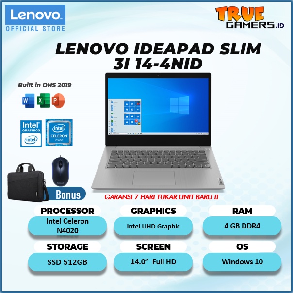 Lenovo Ideapad Slim 3i 14IGL N4020 4GB 512ssd W10 free office 2019 14.0 FHD