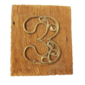 11cm Nomor Pintu Jati Daun Ukir Kuningan Asli & Kayu Jati 16cm - No.3