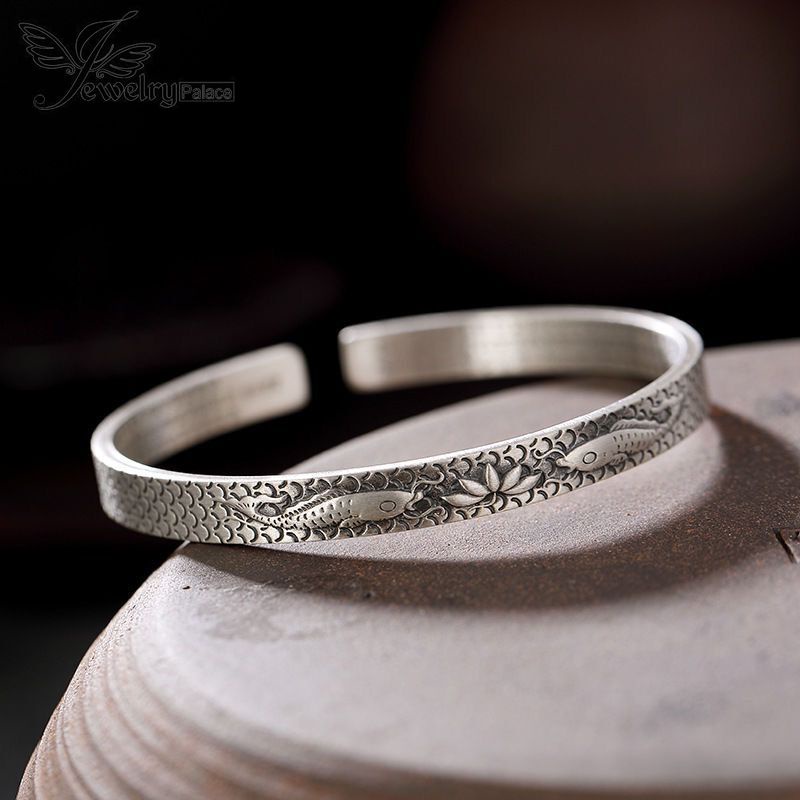 Gelang 925 Silver Model Lotus Terbuka Gaya China Vintage Untuk Wanita