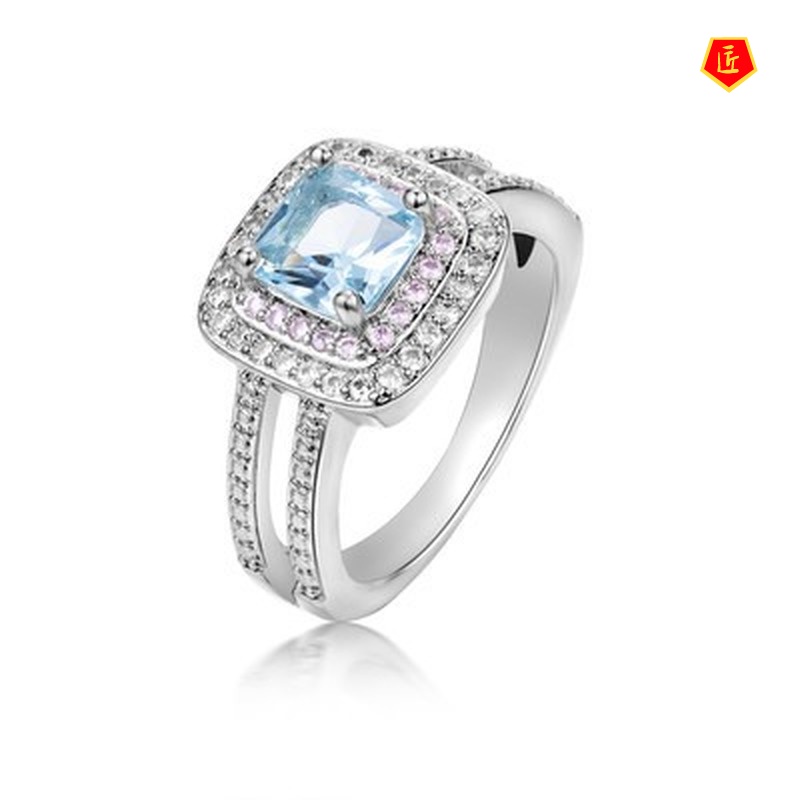 [Ready Stock]Luxury Full Diamond Topaz Sea Blue Diamond Ring