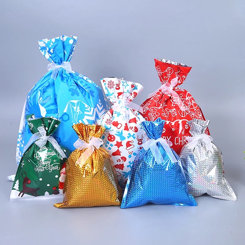 10pcs Kantong Plastik Motif Print Natal / Tahun Baru / Kepingan Salju / Kue Kering / Permen Untuk Hadiah