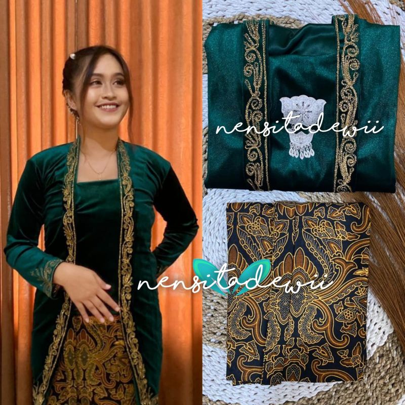 Kebaya Bordir (Body Panjang) + Jarik Wiru Instan / Warna &amp; Motif Lengkap